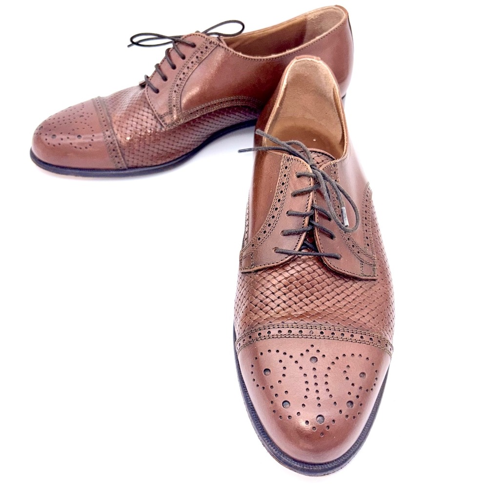 Bostonian Florentine Mens Brown Woven Leather Cap Toe Oxford Shoes Italy 10 M - Picture 3 of 9